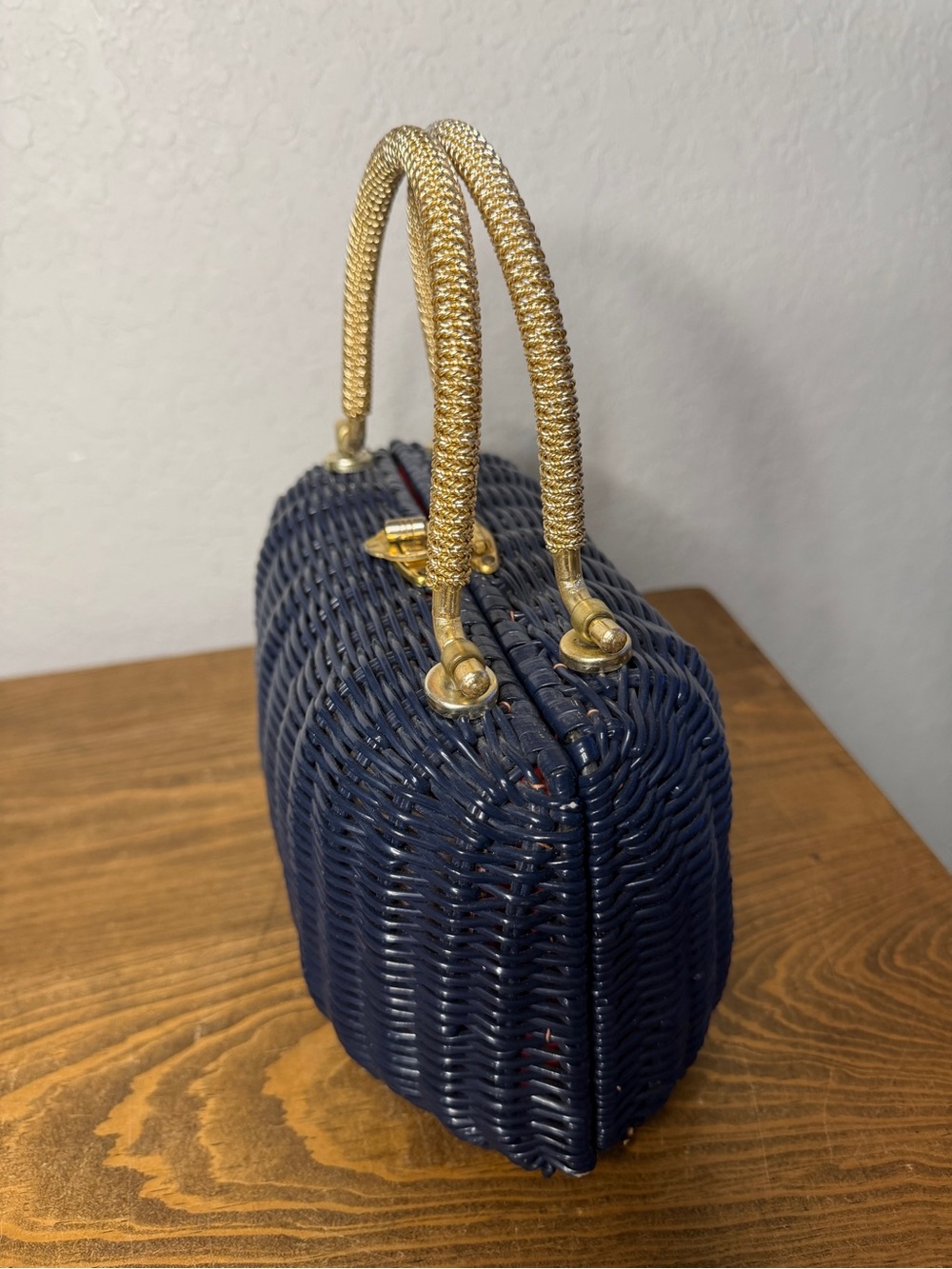 Navy Woven Mini Top-Handle Bag with Gold-Tone Handles 1960’s Hong Kong